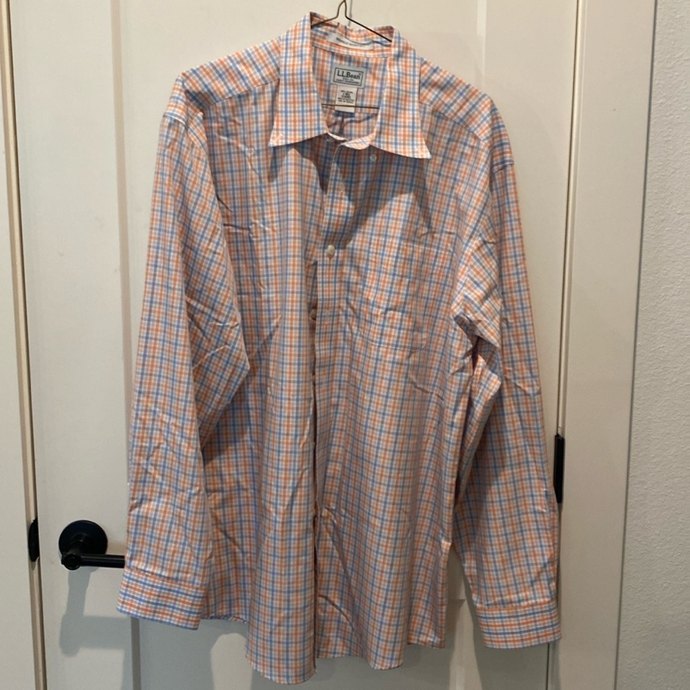 L.L.‎ Bean Men’s Long Sleeve Dress Shirt.  Plaid. Blue/Orange/White.  Large.